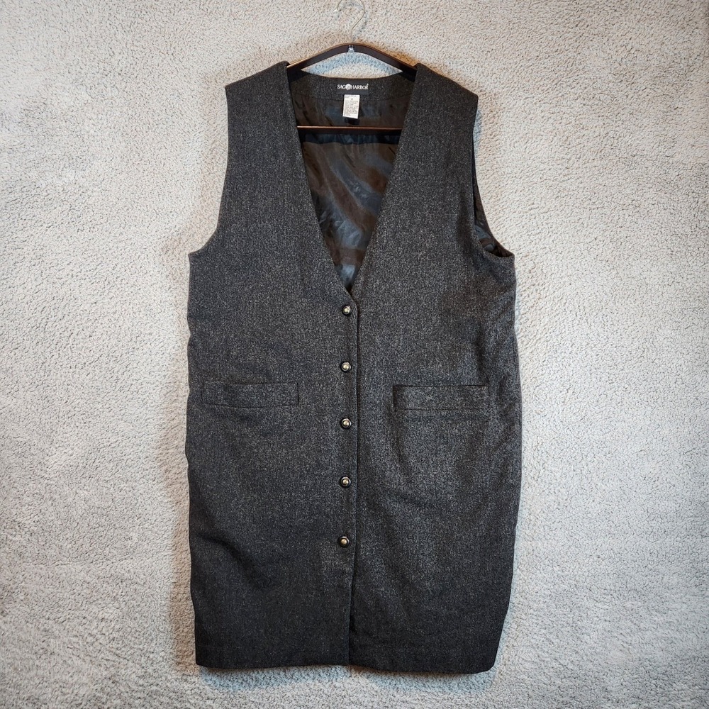 Sag Harbor Vest Womens Size 14 Sleeveless Pockets Long Wool Shell Gray Buttons